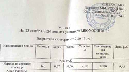 Меню 7-18 лет, 23 октября 2024 года