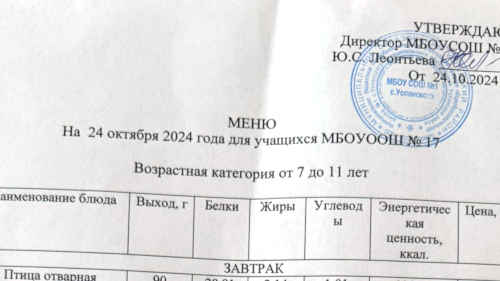 Меню 7-18 лет, 24 октября 2024 года