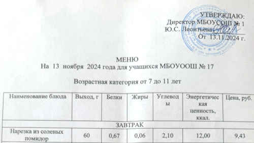 Меню 7-18 лет, 13 ноября 2024 года