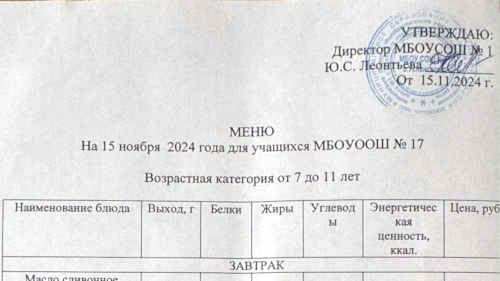 Меню 7-18 лет, 15 ноября 2024 года