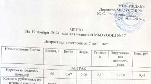 Меню 7-18 лет, 19 ноября 2024 года