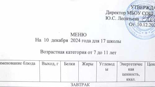 Меню 7-18 лет, 10 декабря 2024 года