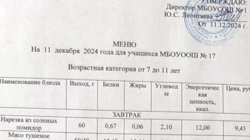 Меню 7-18 лет, 11 декабря 2024 года