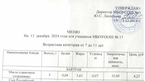 Меню 7-18 лет, 13 декабря 2024 года