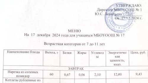 Меню 7-18 лет, 17 декабря 2024 года