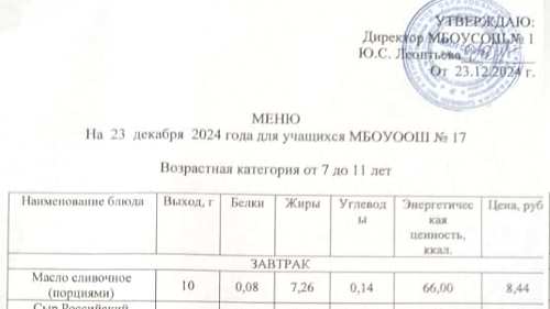 Меню 7-18 лет, 23 декабря 2024 года