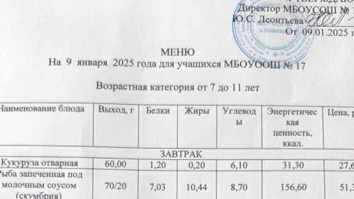 Меню 7-18 лет, 9 января 2025 года