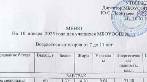 Меню 7-18 лет, 10 января 2025 года