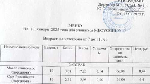 Меню 7-18 лет, 13 января 2025 года