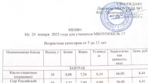 Меню 7-18 лет, 20 января 2025 года